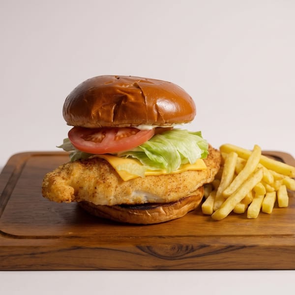 Crispy chicken sandwich with cheese, lettuce, tomato, and fries on a wooden board.