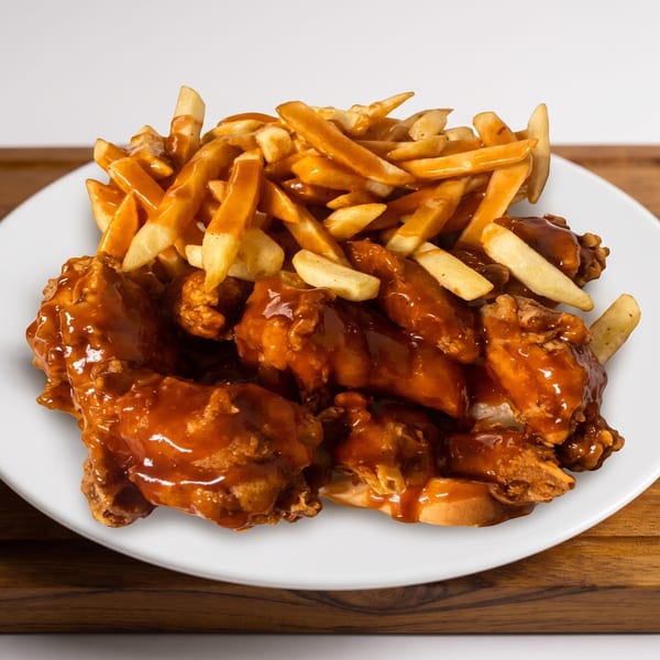 A white plate holds crispy chicken wings and golden fries, both generously covered in a rich brown gravy.