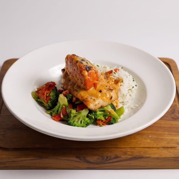 Grilled chicken with creamy sauce, broccoli, red peppers, and white rice on a white plate.