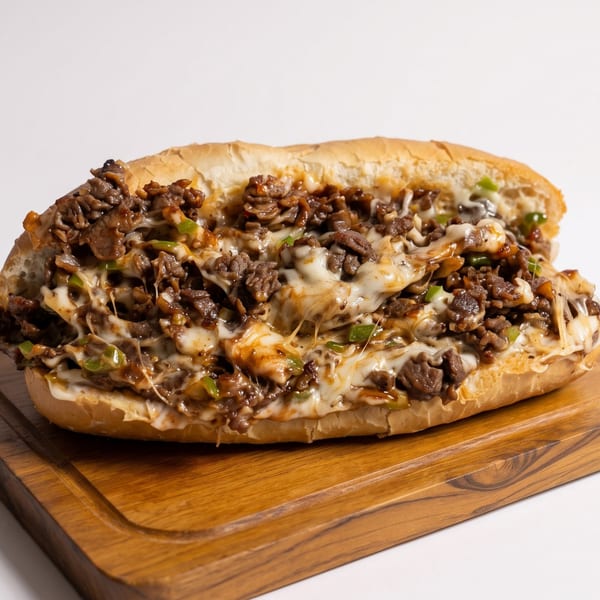 Cheesesteak sandwich with melted cheese, steak, and green peppers on a wooden board.