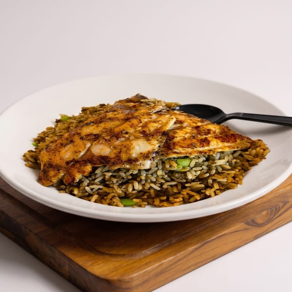 Grilled fish fillet seasoned with spices, served on a bed of rice with green onions.